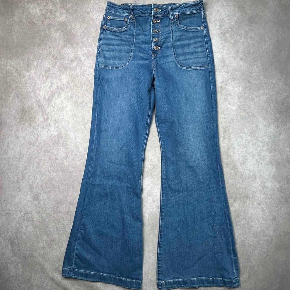 American Eagle Super High-Rise Flare Jeans Blue Button Fly Patch Pocket Size 14